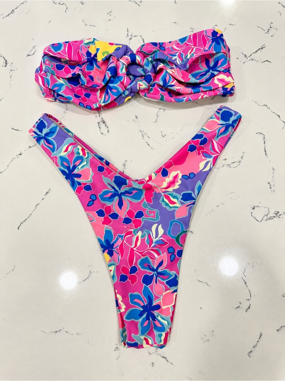 SHEIN Floral Bandeau Bikini Set High Cut Bottoms Size M